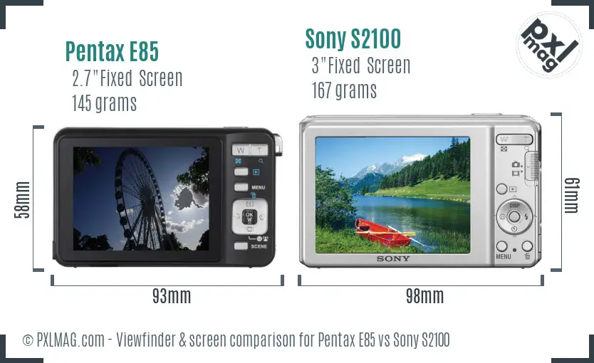 Pentax E85 vs Sony S2100 Screen and Viewfinder comparison