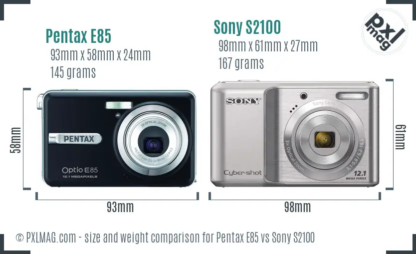 Pentax E85 vs Sony S2100 size comparison