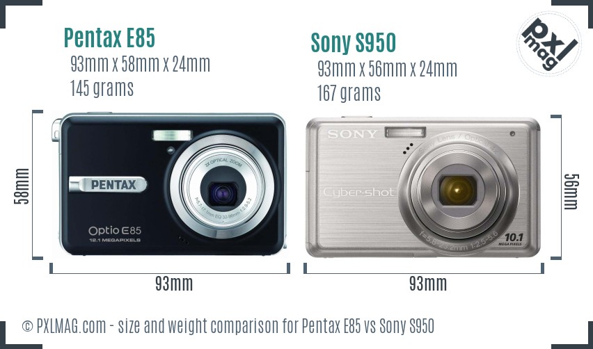 Pentax E85 vs Sony S950 size comparison