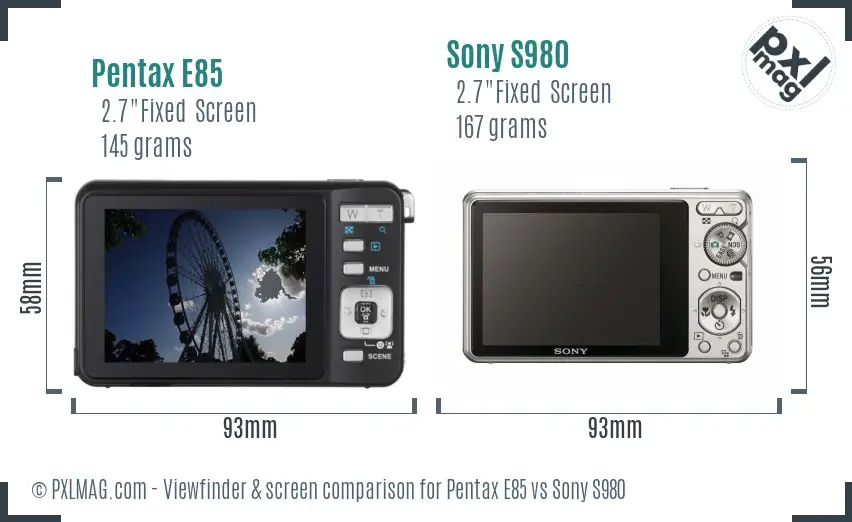 Pentax E85 vs Sony S980 Screen and Viewfinder comparison