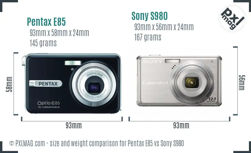 Pentax E85 vs Sony S980 size comparison