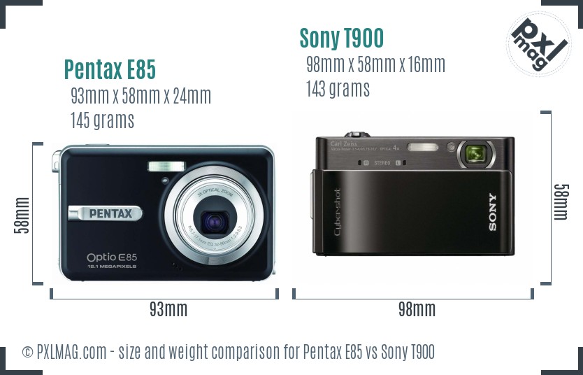 Pentax E85 vs Sony T900 size comparison