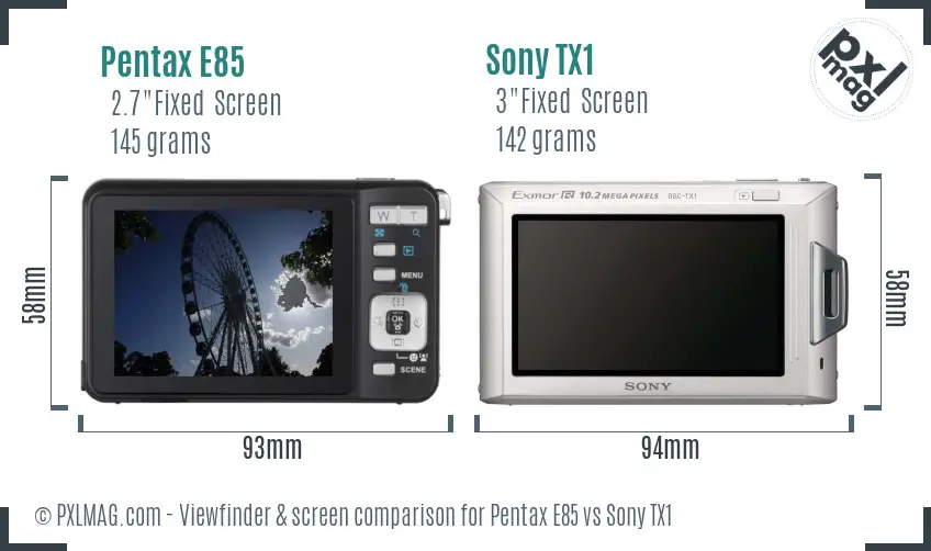 Pentax E85 vs Sony TX1 Screen and Viewfinder comparison