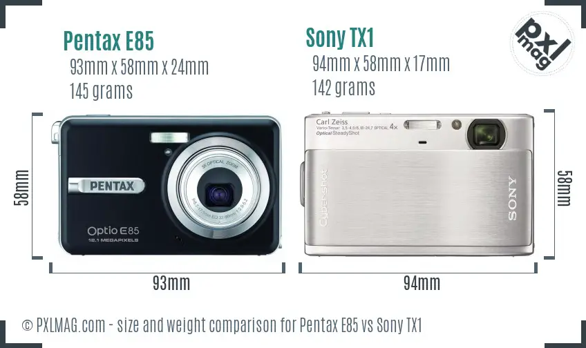 Pentax E85 vs Sony TX1 size comparison