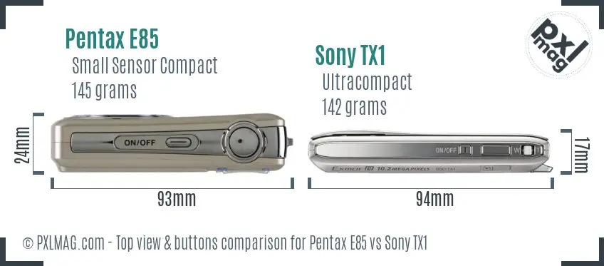 Pentax E85 vs Sony TX1 top view buttons comparison