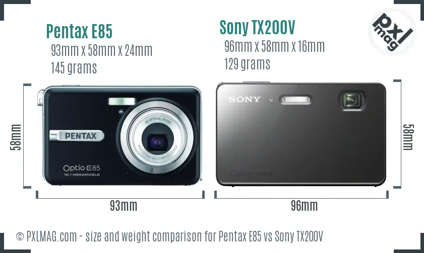 Pentax E85 vs Sony TX200V size comparison