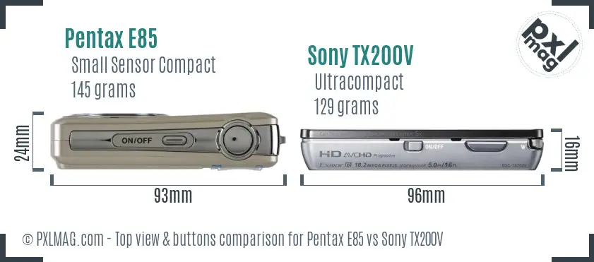 Pentax E85 vs Sony TX200V top view buttons comparison