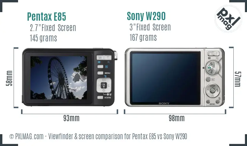 Pentax E85 vs Sony W290 Screen and Viewfinder comparison