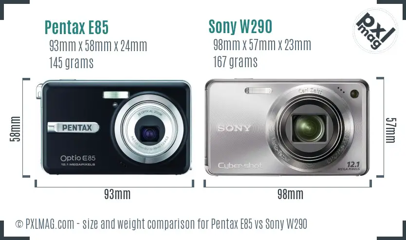 Pentax E85 vs Sony W290 size comparison