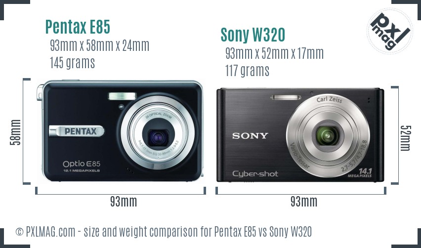 Pentax E85 vs Sony W320 size comparison