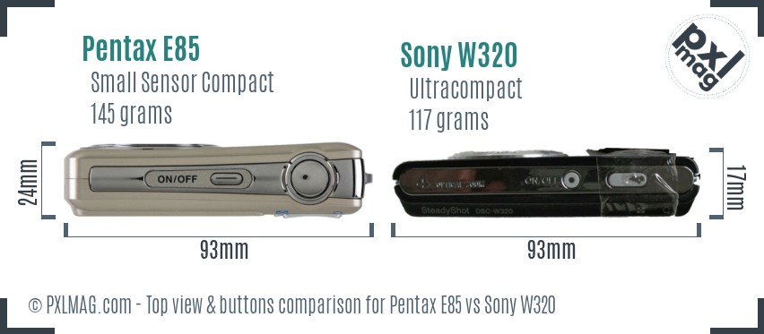 Pentax E85 vs Sony W320 top view buttons comparison