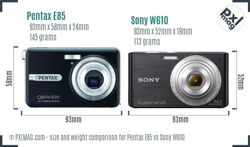 Pentax E85 vs Sony W610 size comparison