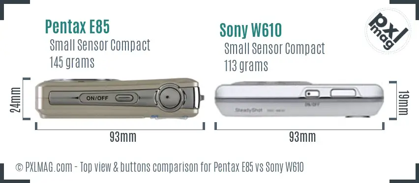 Pentax E85 vs Sony W610 top view buttons comparison