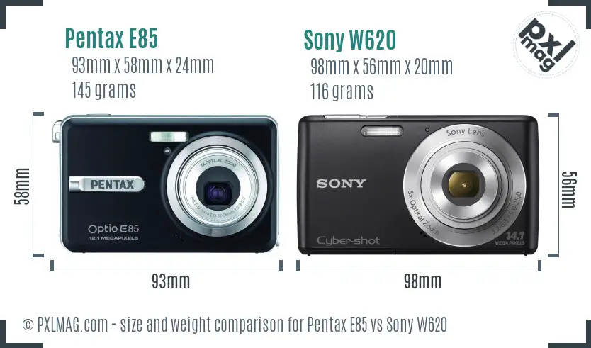Pentax E85 vs Sony W620 size comparison