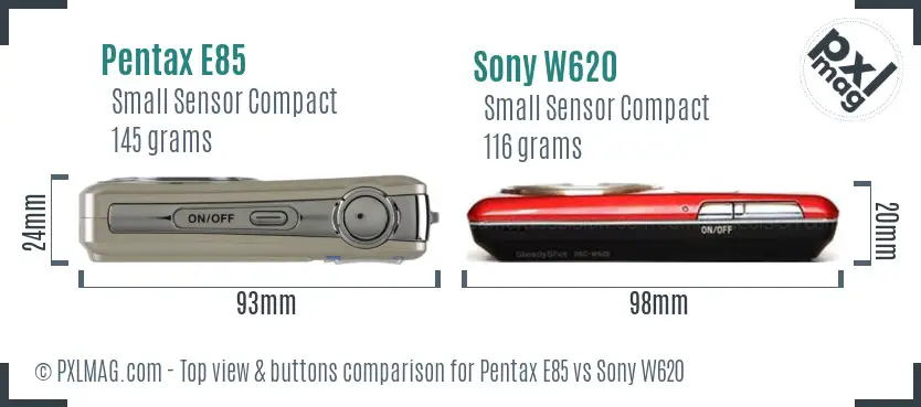 Pentax E85 vs Sony W620 top view buttons comparison