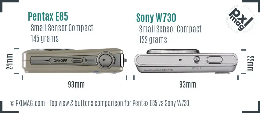 Pentax E85 vs Sony W730 top view buttons comparison Pentax E85 vs Sony W730 top view buttons comparison