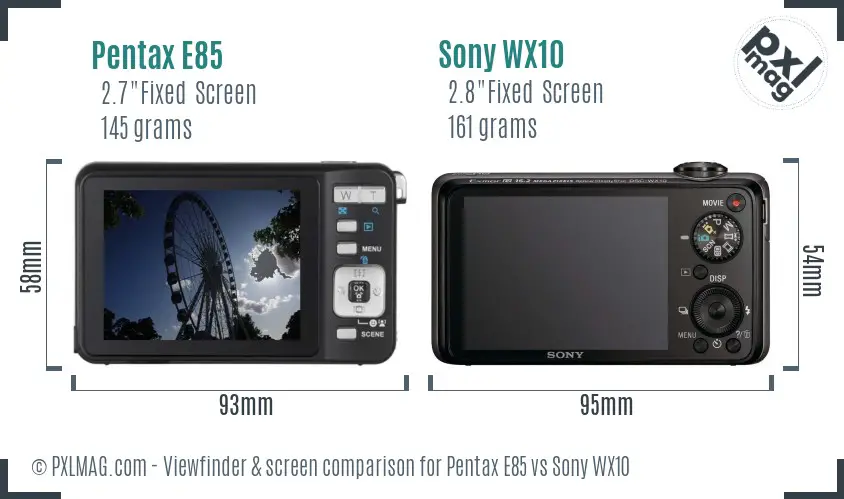Pentax E85 vs Sony WX10 Screen and Viewfinder comparison Pentax E85 vs Sony WX10 Screen and Viewfinder comparison