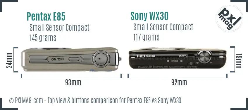 Pentax E85 vs Sony WX30 top view buttons comparison Pentax E85 vs Sony WX30 top view buttons comparison