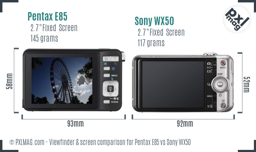 Pentax E85 vs Sony WX50 Screen and Viewfinder comparison