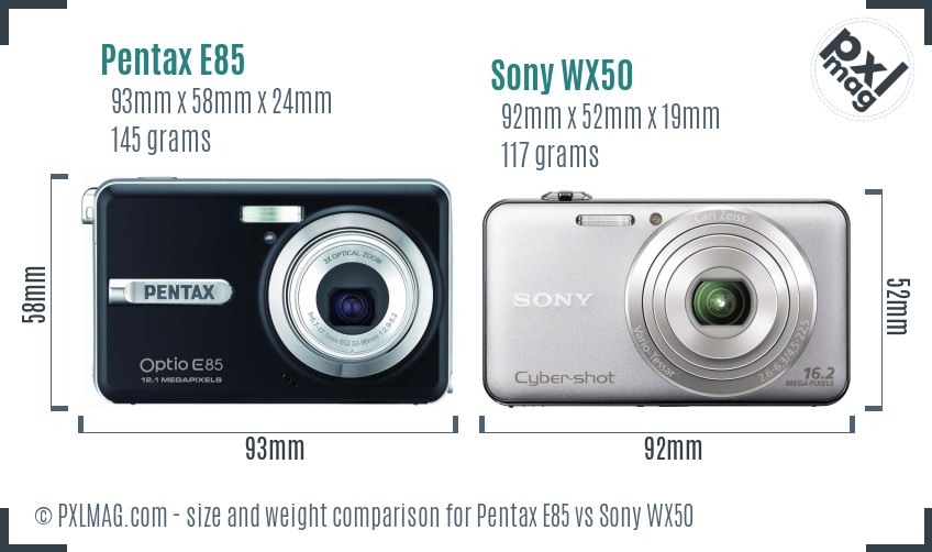 Pentax E85 vs Sony WX50 size comparison