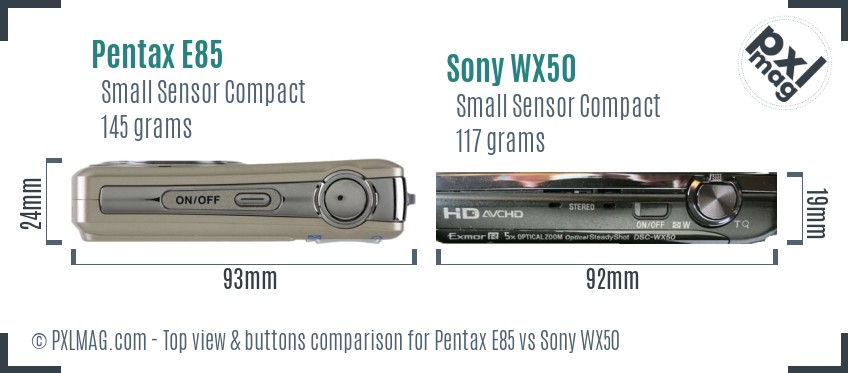 Pentax E85 vs Sony WX50 top view buttons comparison