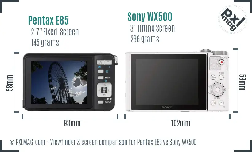Pentax E85 vs Sony WX500 Screen and Viewfinder comparison