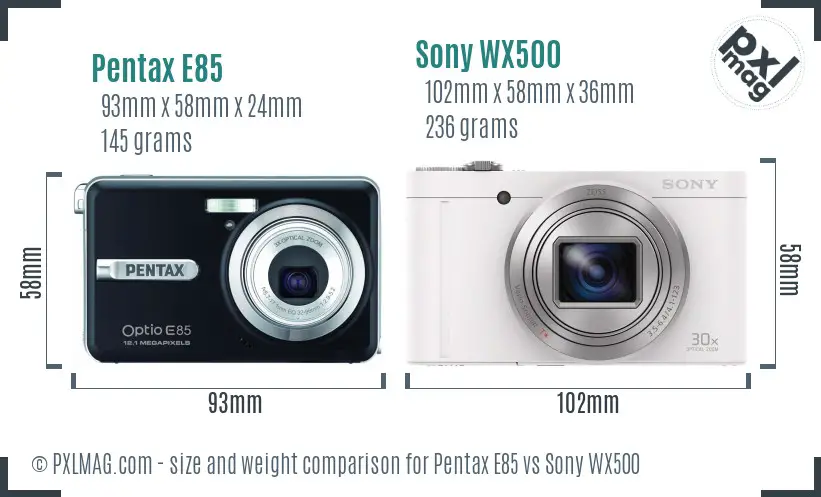 Pentax E85 vs Sony WX500 size comparison
