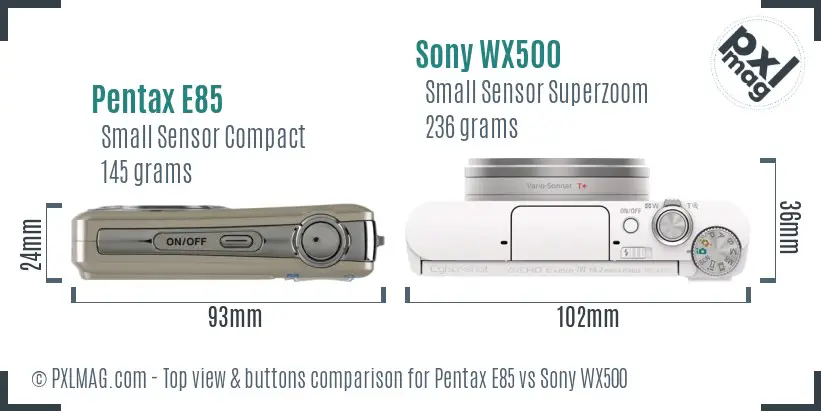 Pentax E85 vs Sony WX500 top view buttons comparison
