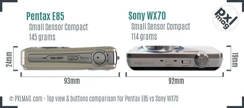 Pentax E85 vs Sony WX70 top view buttons comparison Pentax E85 vs Sony WX70 top view buttons comparison