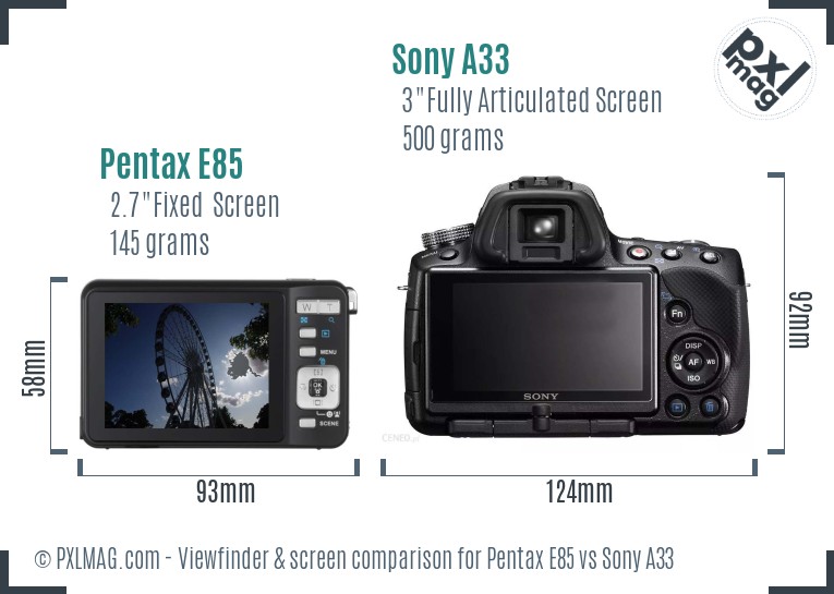 Pentax E85 vs Sony A33 Screen and Viewfinder comparison
