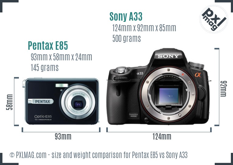 Pentax E85 vs Sony A33 size comparison
