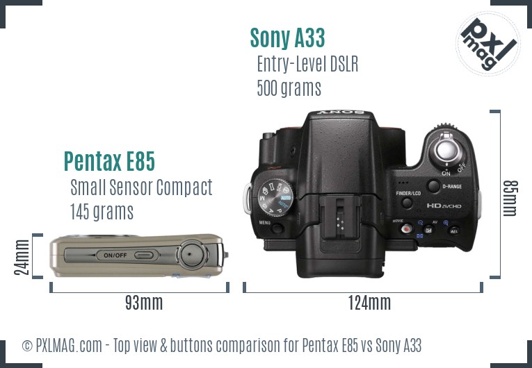 Pentax E85 vs Sony A33 top view buttons comparison