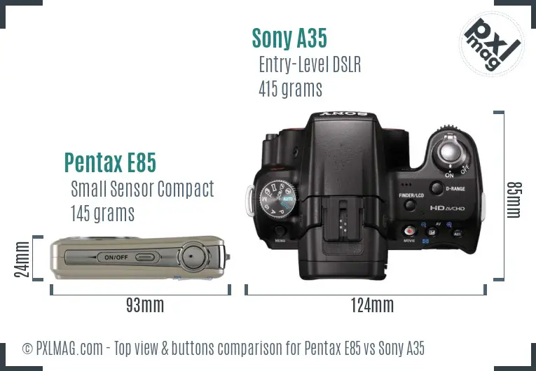Pentax E85 vs Sony A35 top view buttons comparison