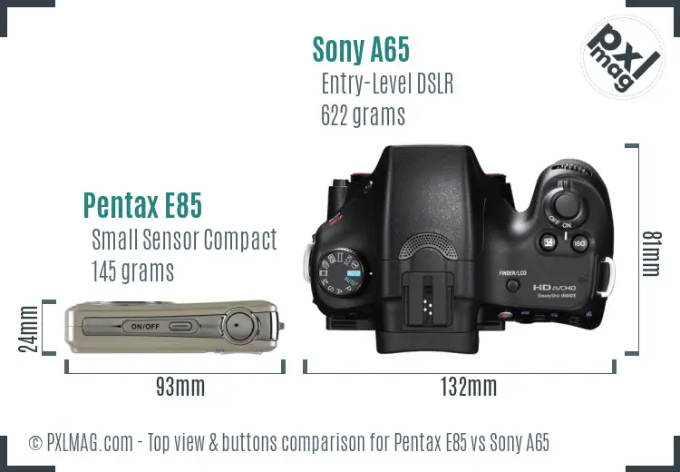 Pentax E85 vs Sony A65 top view buttons comparison Pentax E85 vs Sony A65 top view buttons comparison