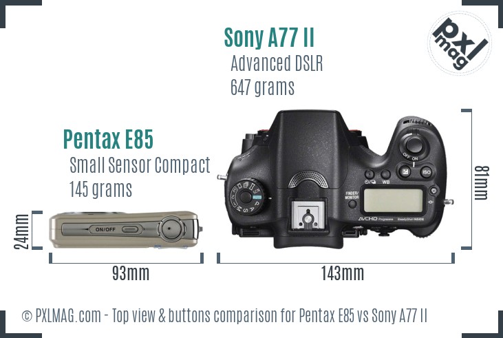 Pentax E85 vs Sony A77 II top view buttons comparison