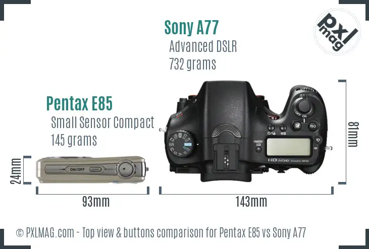 Pentax E85 vs Sony A77 top view buttons comparison Pentax E85 vs Sony A77 top view buttons comparison