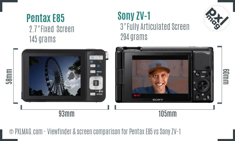 Pentax E85 vs Sony ZV-1 Screen and Viewfinder comparison