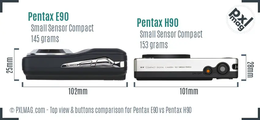 Pentax E90 vs Pentax H90 top view buttons comparison