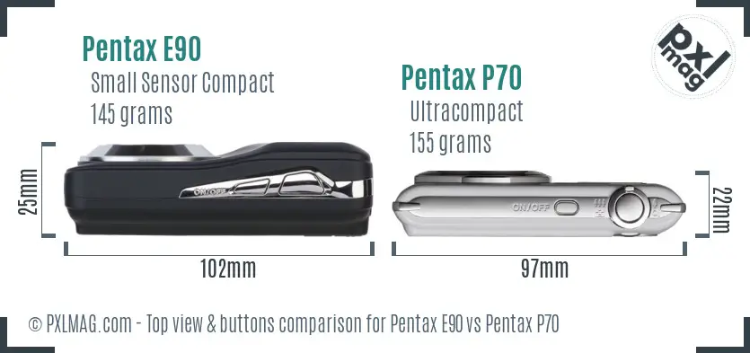 Pentax E90 vs Pentax P70 top view buttons comparison