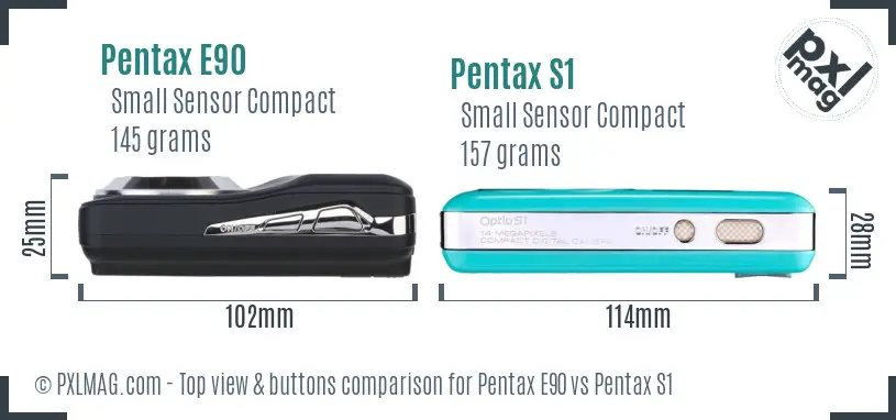 Pentax E90 vs Pentax S1 top view buttons comparison