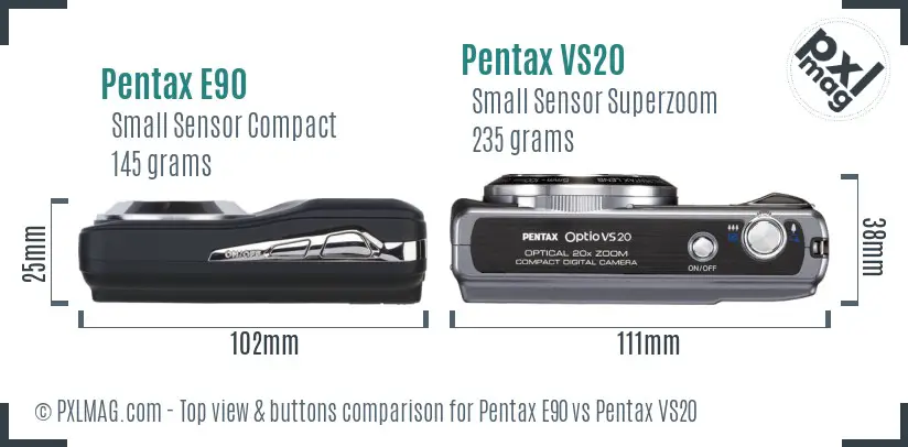 Pentax E90 vs Pentax VS20 top view buttons comparison