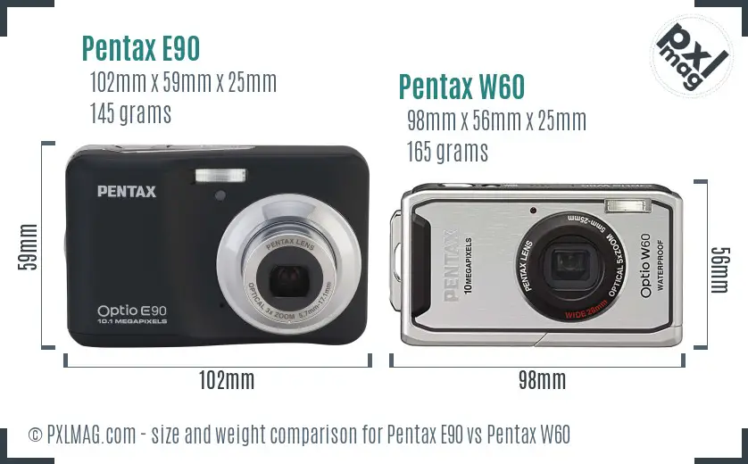 Pentax E90 vs Pentax W60 size comparison