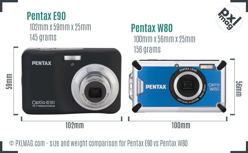 Pentax E90 vs Pentax W80 size comparison