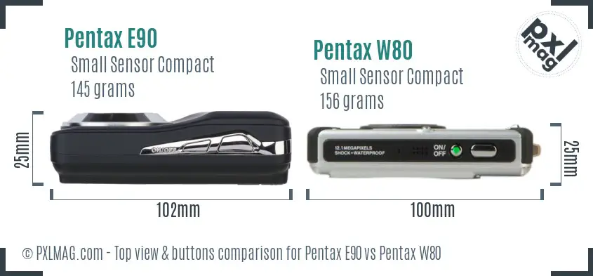 Pentax E90 vs Pentax W80 top view buttons comparison
