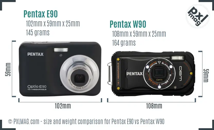 Pentax E90 vs Pentax W90 size comparison