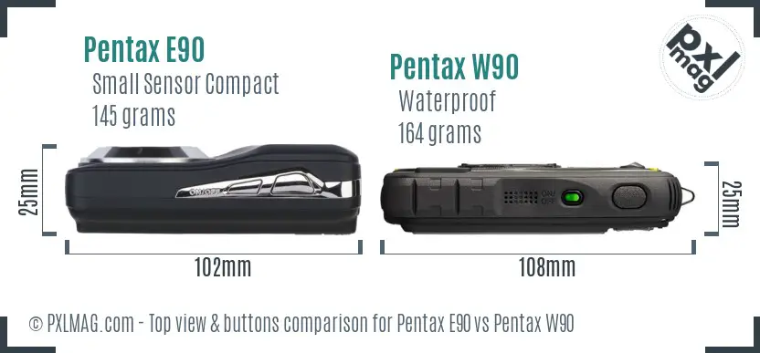 Pentax E90 vs Pentax W90 top view buttons comparison