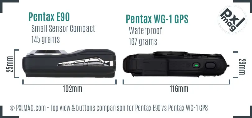 Pentax E90 vs Pentax WG-1 GPS top view buttons comparison