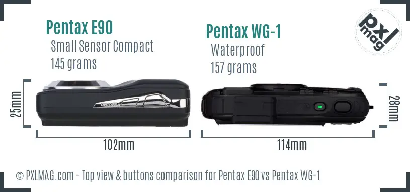Pentax E90 vs Pentax WG-1 top view buttons comparison