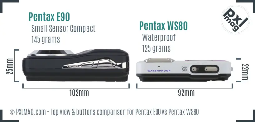 Pentax E90 vs Pentax WS80 top view buttons comparison