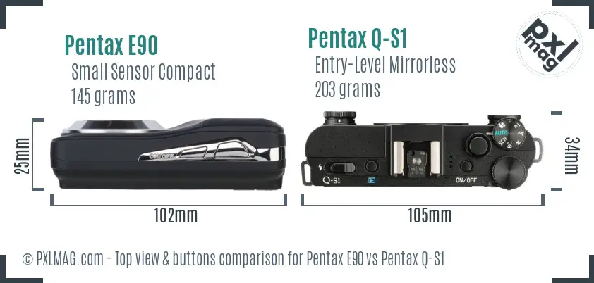 Pentax E90 vs Pentax Q-S1 top view buttons comparison